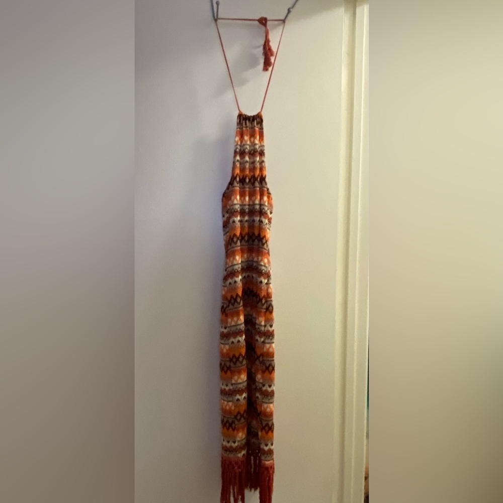 See The Shades Womens Knit Halter Maxi Dress S Small 34” Boho Orange Brown Print